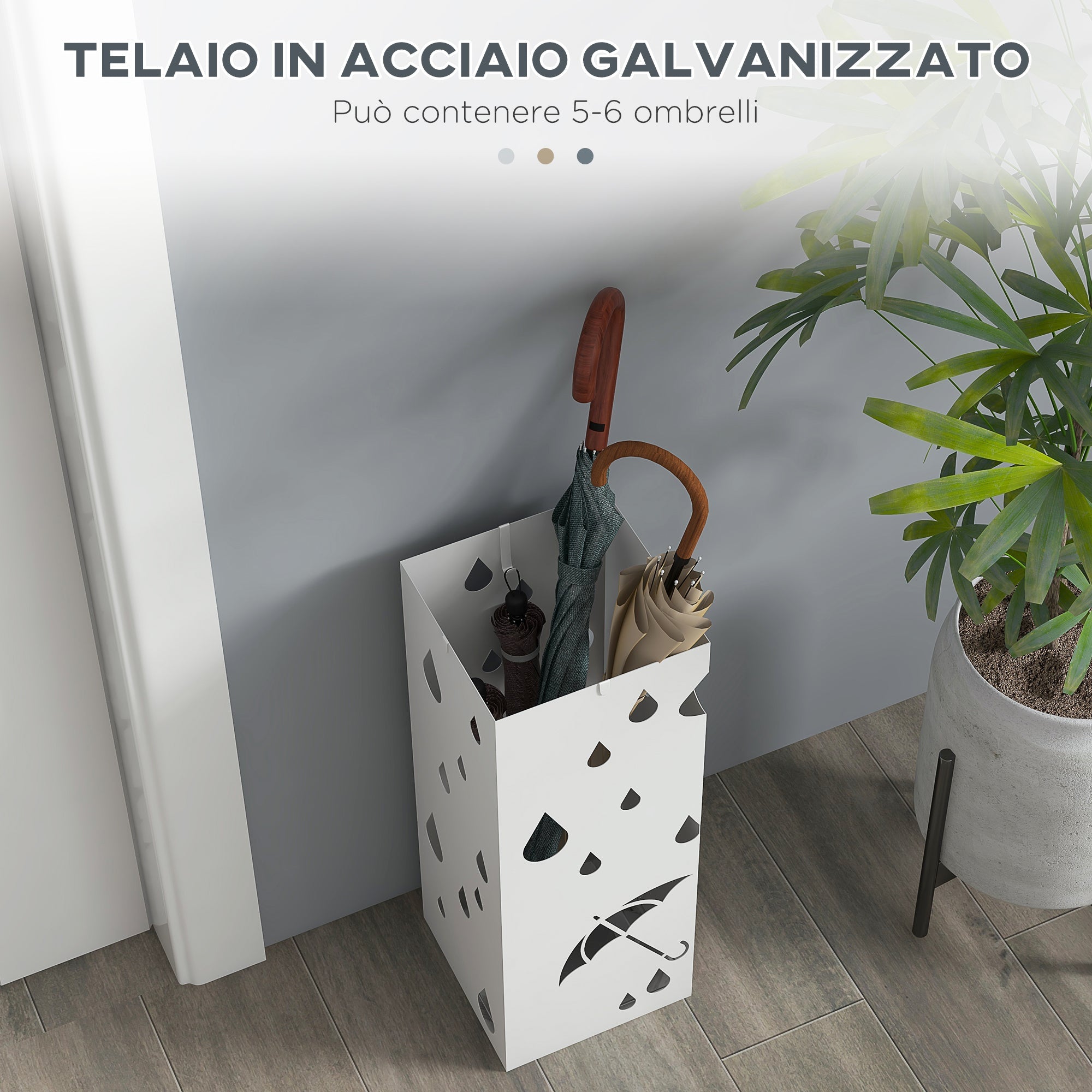 Portaombrelli con 4 Ganci e Vaschetta Raccogligocce 15,5x15,5x41cm in Metallo Bianco