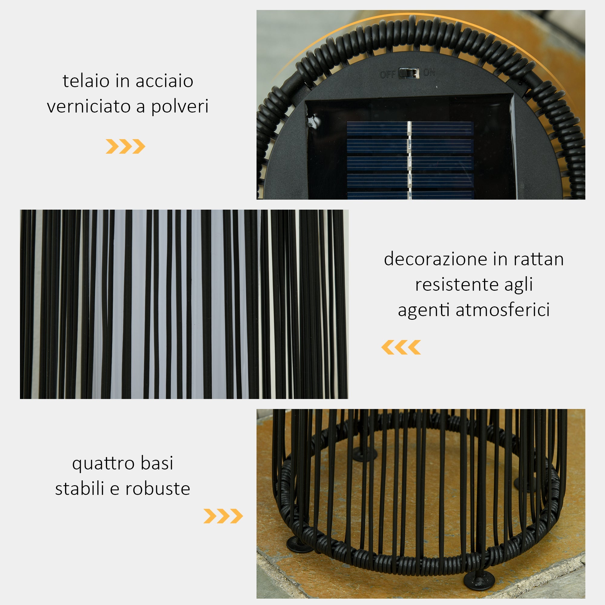 Lanterna Solare da Giardino LED con Pannello di Ricarica in Rattan e Metallo  Ø21.5x61cm Nero