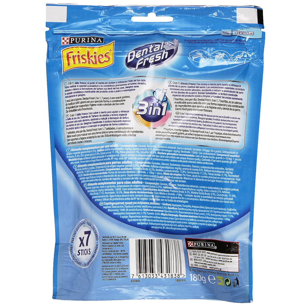 Multipack da 4 dental fresh friskies purina per cani di taglia medio grande confezione da 7 sticks ciascuna