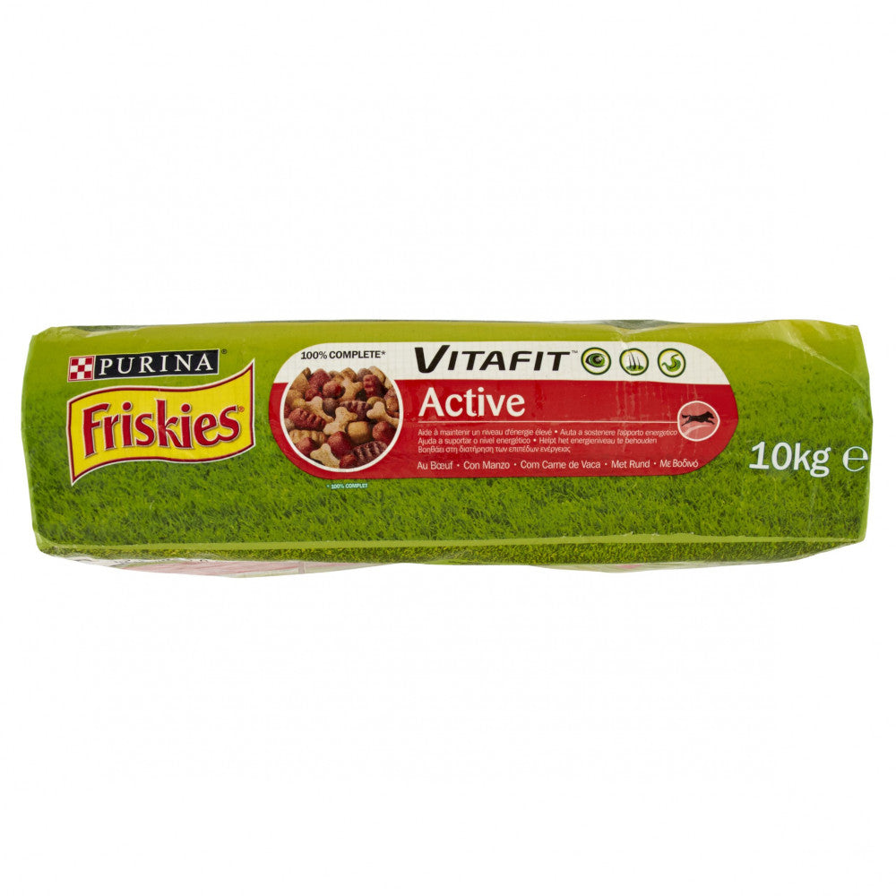 Multipack da 3 pz di purina friskies per cani crocchette vitafit active con manzo da 10 kg cad