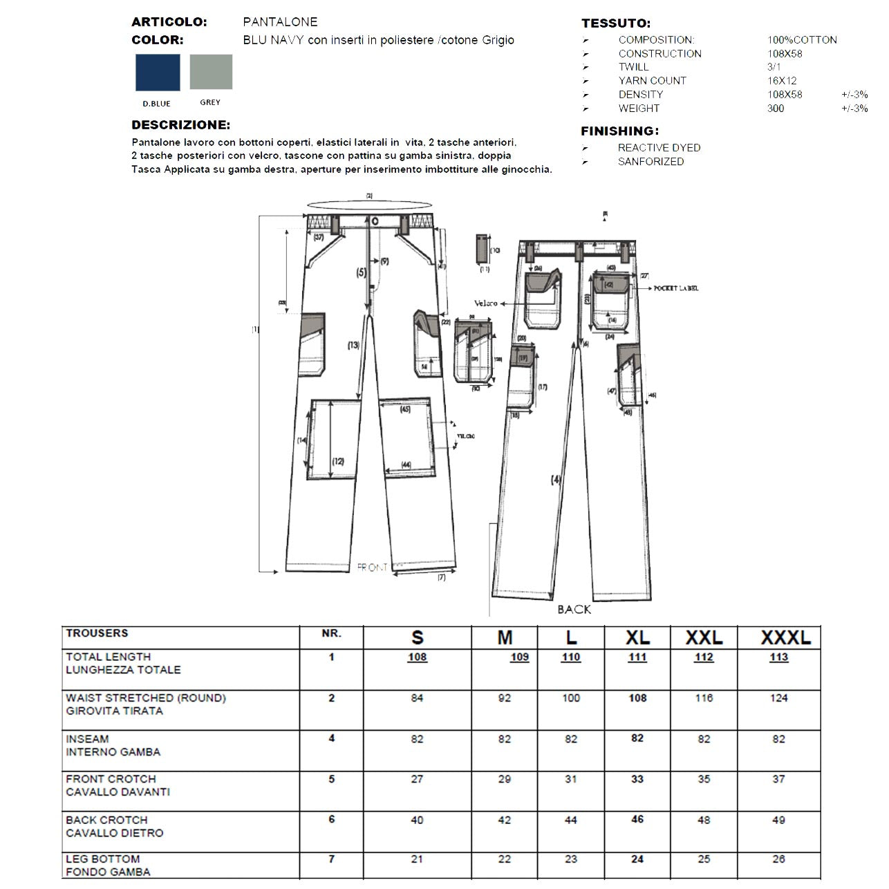 Multipack 6 pz pantaloni da lavoro globo professional slim fit tg. l