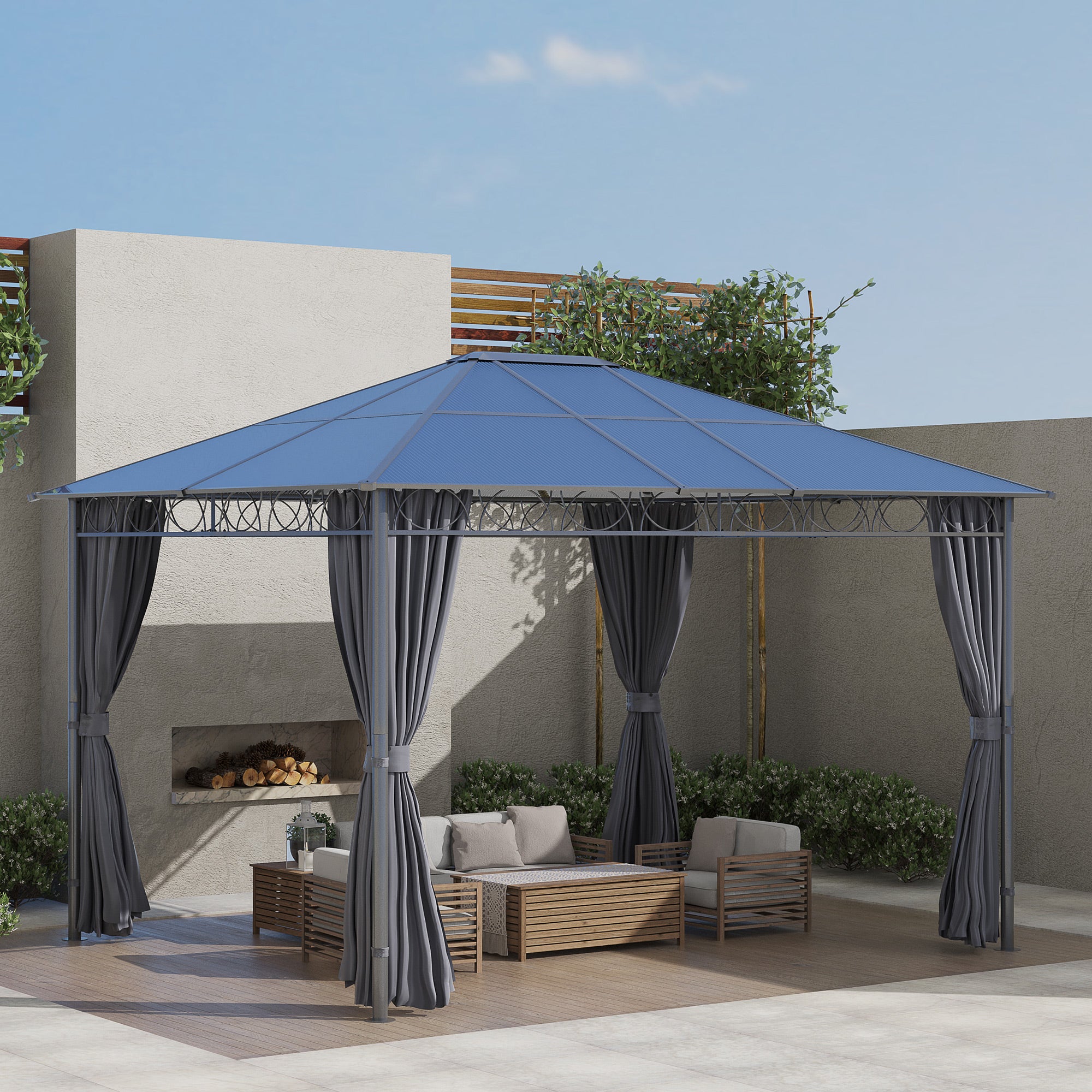 Gazebo da Giardino 3,6x3m Tetto in Policarbonato Grigio