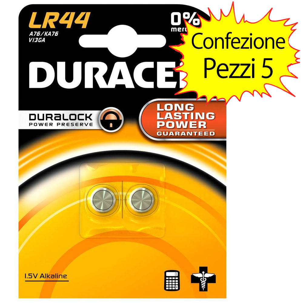 Batteria alcalina lr 44 1,5v pezzi 2 duracell 5 confezioni