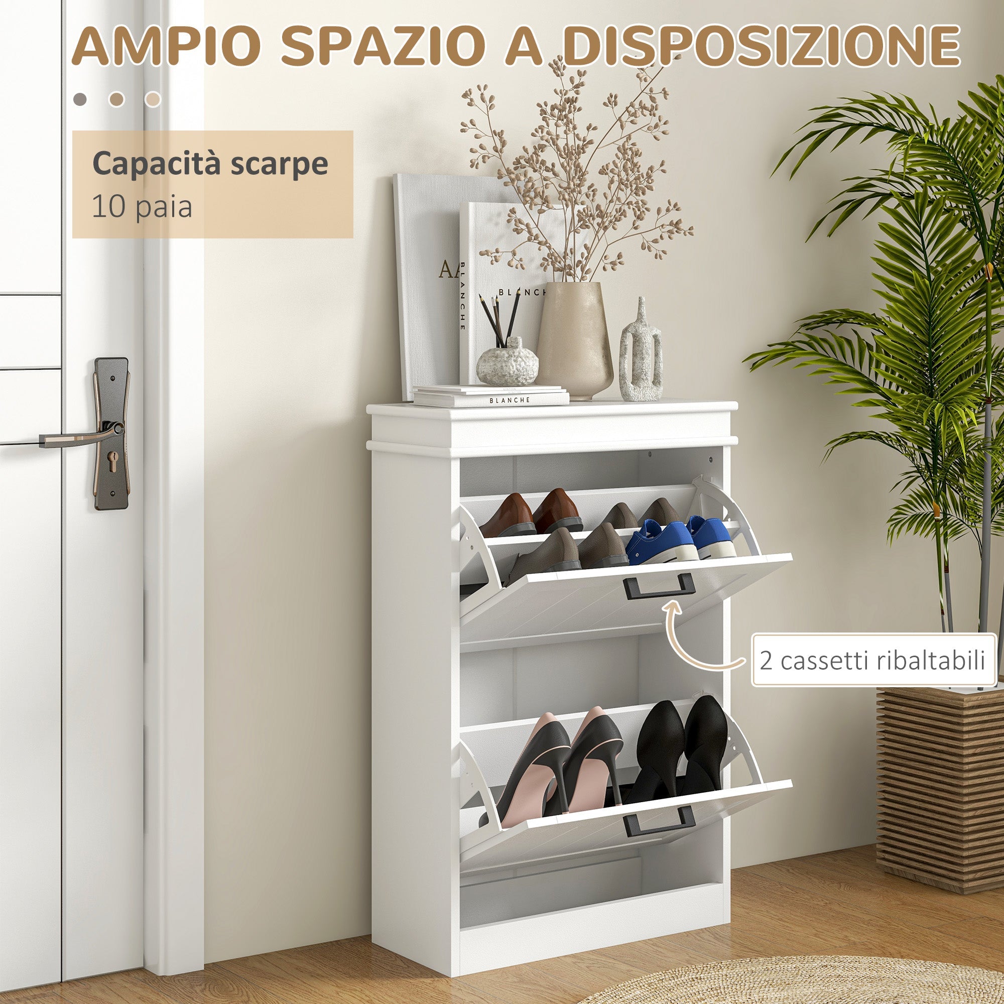 Scarpiera Salvaspazio Design Moderno 2 Cassetti Ribaltabili 54x24x82,5 cm Bianco