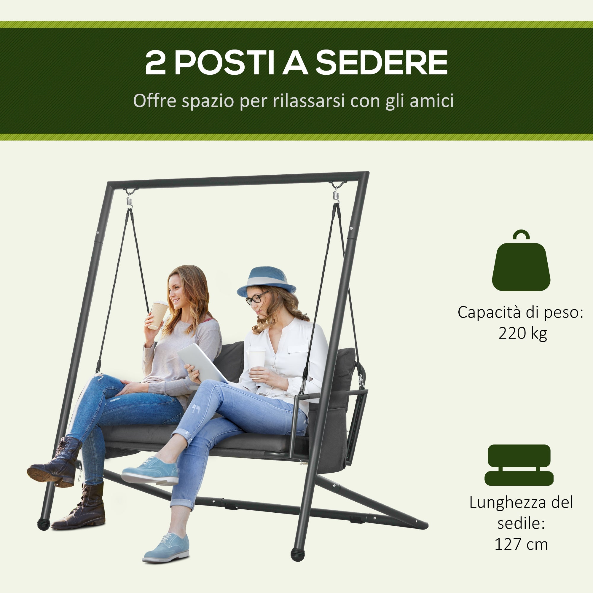 Dondolo da Giardino 2 Posti con Cuscini e Tasche 168x117x181 cm in Acciaio e Textilene Grigio Scuro