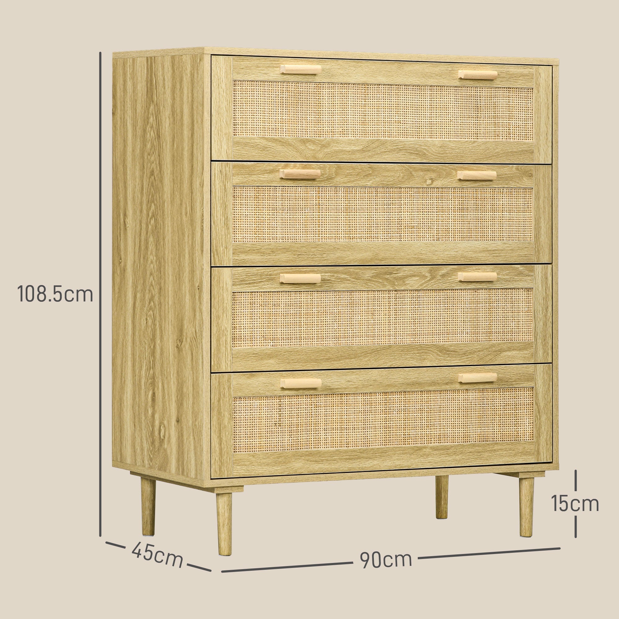 Cassettiera 4 Cassetti Stile Boho 90x45x108,5 cm in Legno e Rattan Rovere