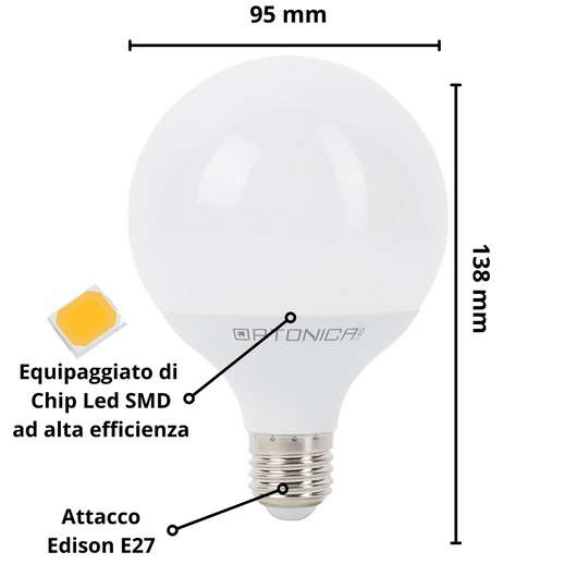 Lampadina led globo e27 12 watt g95 equivalente 70 watt risparmio energetico temperatura colore lampada 2700k