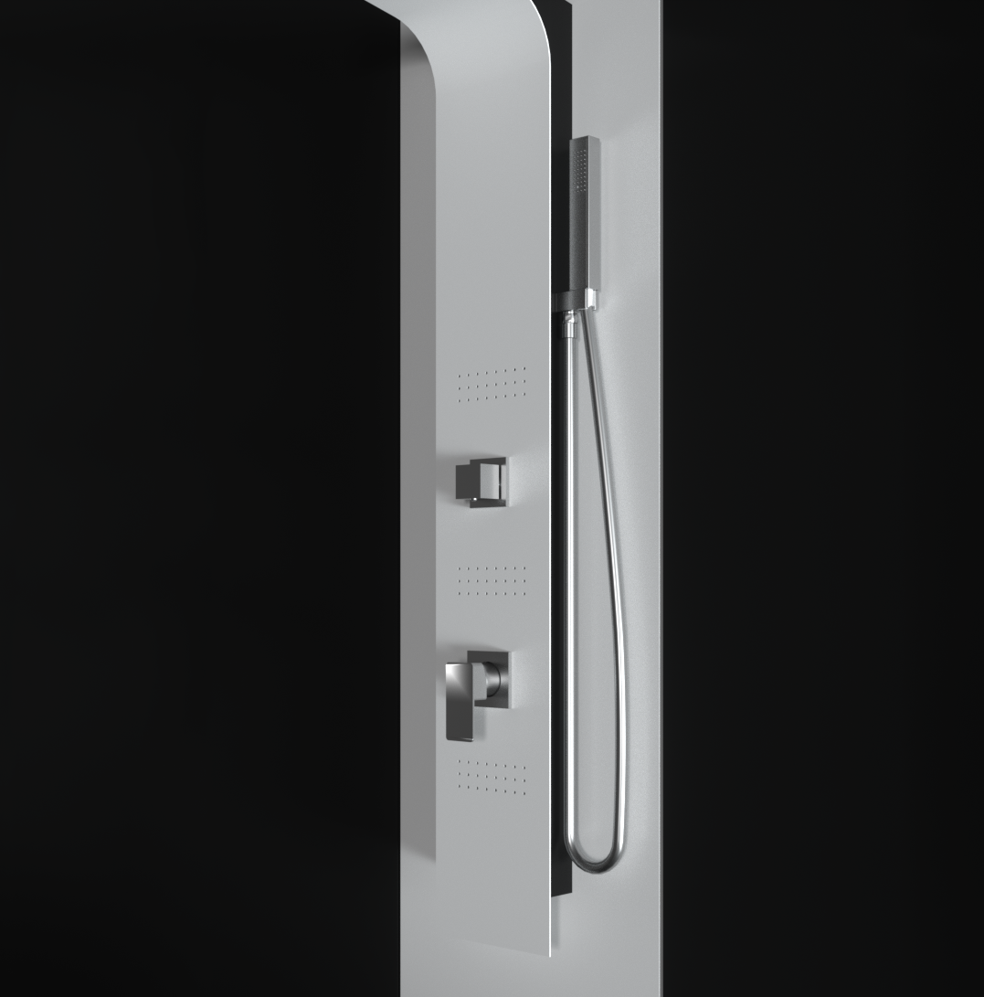 Pannello doccia idromassaggio in alluminio verniciato a polvere finitura bianco opaco (fronte) e nero opaco (fianco)