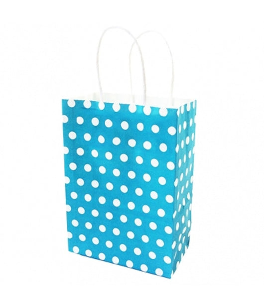 6 Buste Da Regalo Shoppers In Carta Con Manici Celeste Pois 21x14.5x8 Sacchetti         