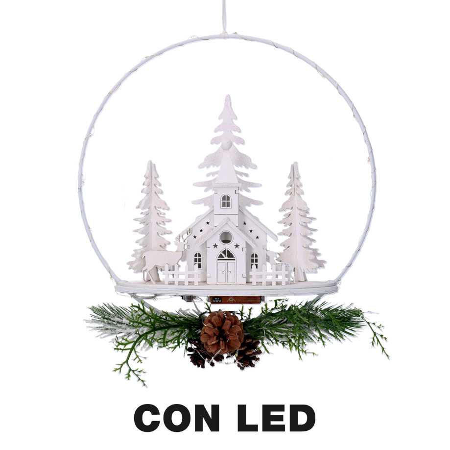 Ghirlanda metallo led con chiesa bianco cm 25x7x47,5