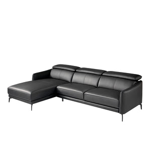 Divano chaise longue rivestito in pelle e gambe in acciaio nero