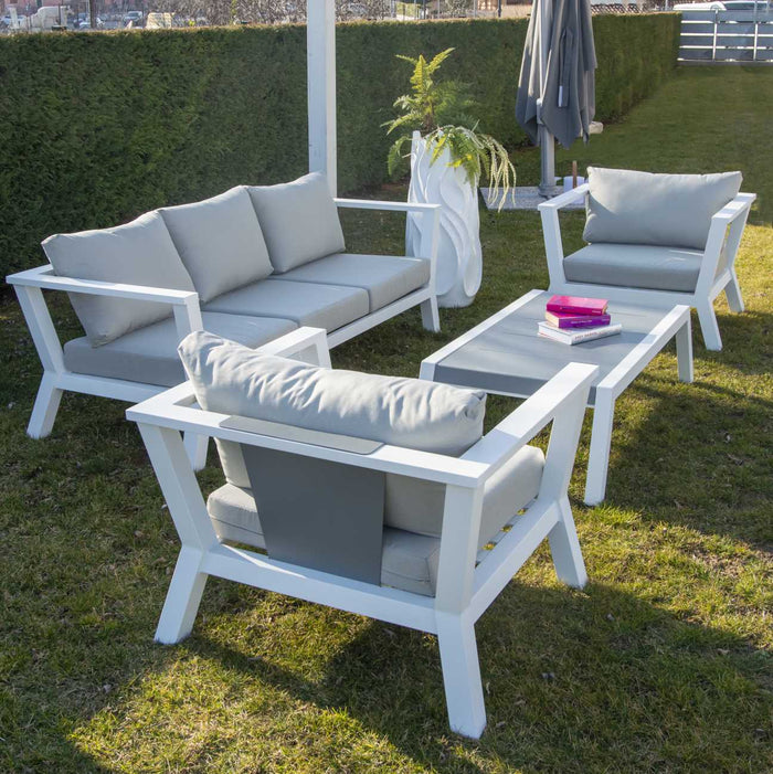 Set Salotto da Giardino Divano 2 Poltrone e Tavolino in Alluminio Riverton Bianco