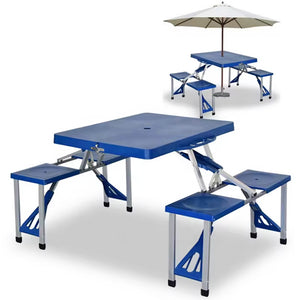 Set Tavolo Tavolino Pieghevole Pic Nic Campeggio Alluminio Con 4 Sgabelli Blu