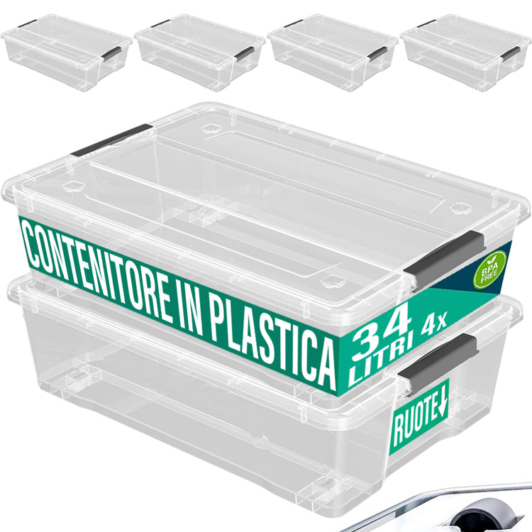 Set Scatole 4 x 34 L Portaoggetti in Plastica Cassetto Contenitore Salvaspazio