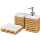 Set 3 Pezzi da Bagno in Ceramica e Bambù Dispenser Porta Spazzolini Bicchiere Bianco Legno