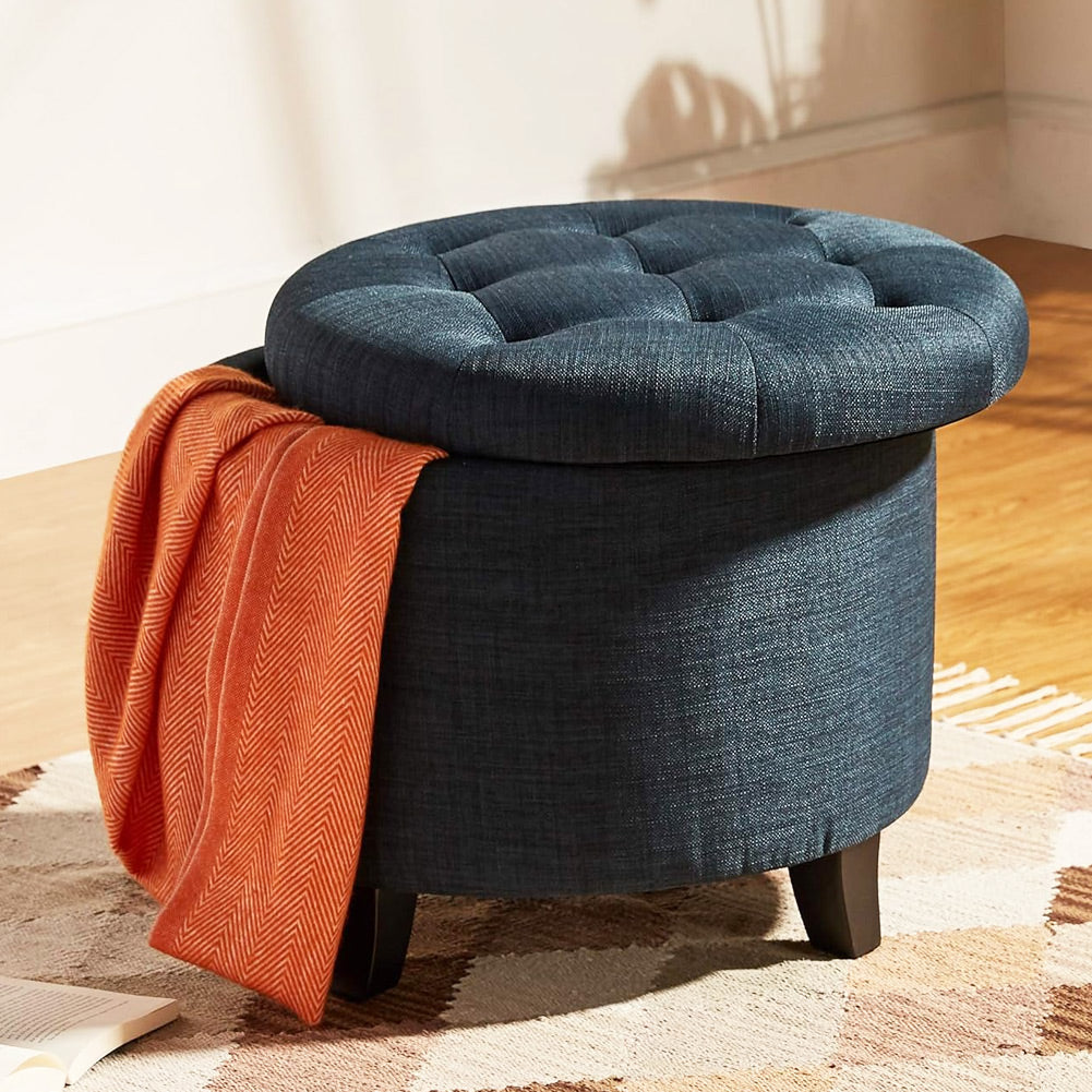 Pouf Contenitore Poggiapiedi in legno e tessuto Blu Sgabello Baule con scomparto