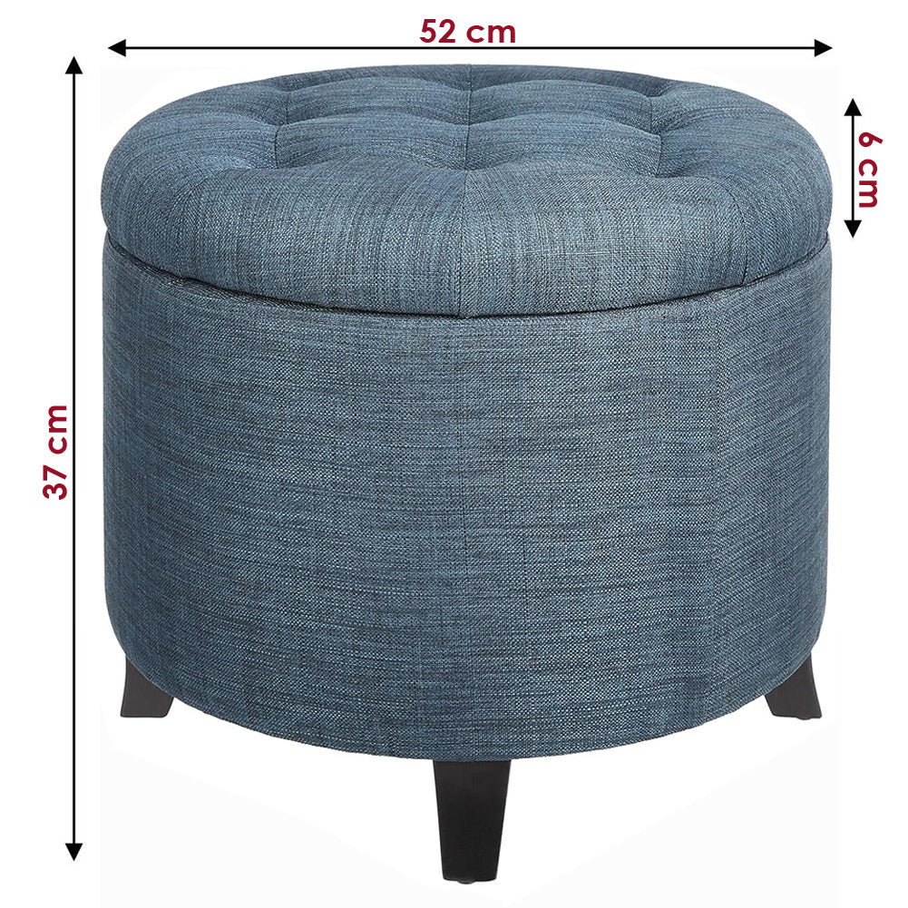 Pouf Contenitore Poggiapiedi in legno e tessuto Blu Sgabello Baule con scomparto