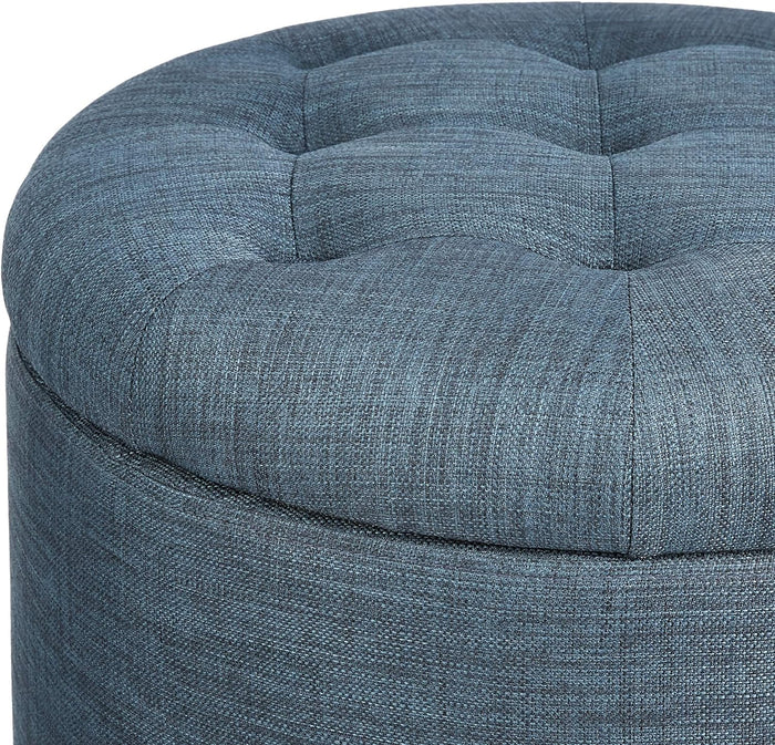 Pouf Contenitore Poggiapiedi in legno e tessuto Blu Sgabello Baule con scomparto