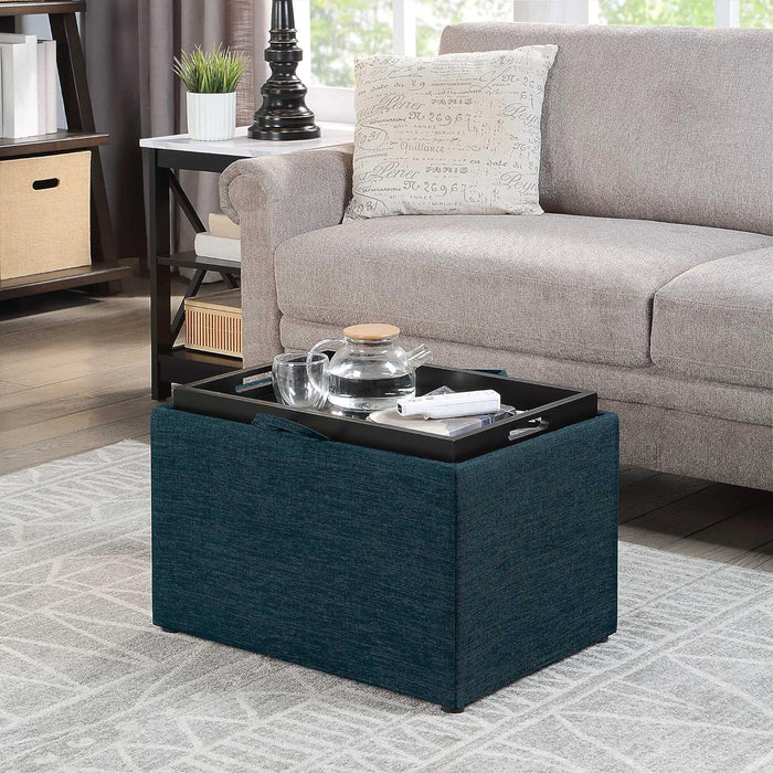 Pouf Contenitore Poggiapiedi in legno e tessuto Blu Rettangolare con scomparto