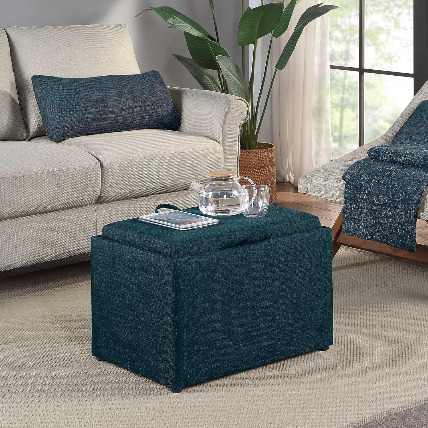 Pouf Contenitore Poggiapiedi in legno e tessuto Blu Rettangolare con scomparto