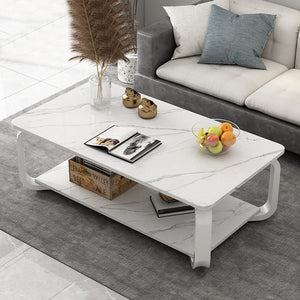 Tavolino Basso da CaffÃ¨ 2 Livelli Design Luxury Effetto Marmo Bianco 100x48x43cm