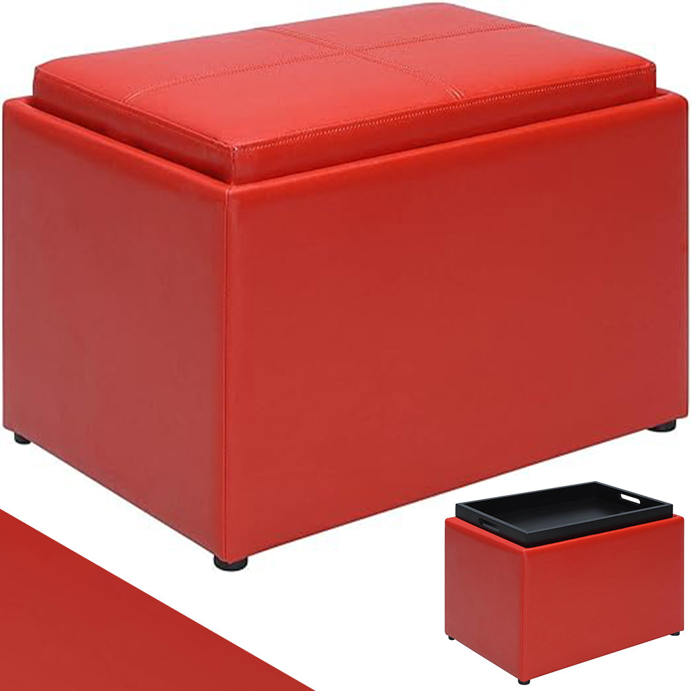 Pouf Contenitore Poggiapiedi Ecopelle Rosso Sgabello Seduta Scomparto Versatile