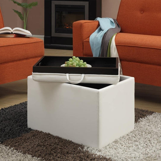 Pouf Contenitore Poggiapiedi Ecopelle Bianco Sgabello Seduta Scomparto Versatile