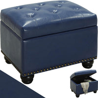 Pouf Contenitore Poggiapiedi in Ecopelle Blu Sgabello con Scomparto Interno