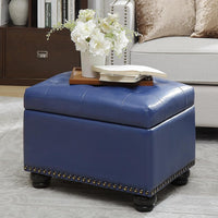 Pouf Contenitore Poggiapiedi in Ecopelle Blu Sgabello con Scomparto Interno