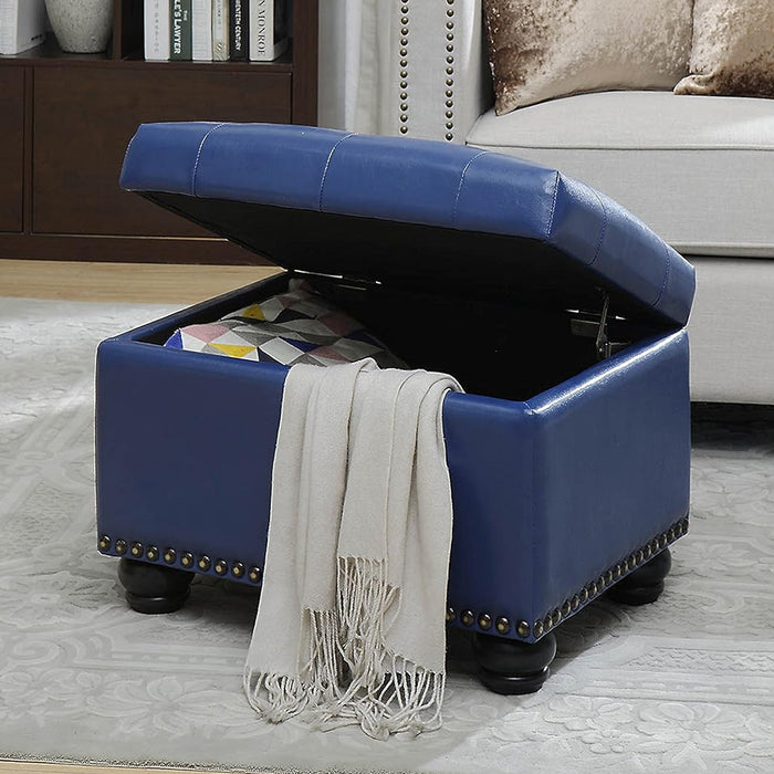 Pouf Contenitore Poggiapiedi in Ecopelle Blu Sgabello con Scomparto Interno