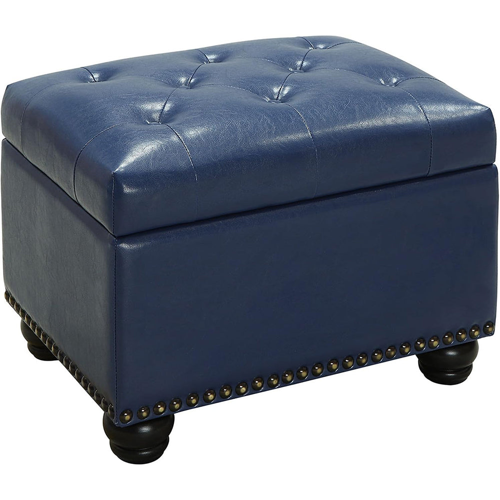 Pouf Contenitore Poggiapiedi in Ecopelle Blu Sgabello con Scomparto Interno