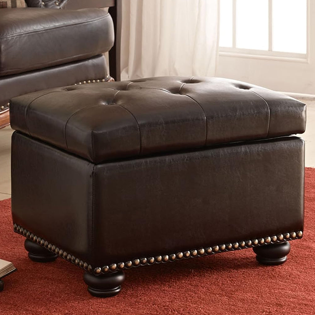 Pouf Contenitore Poggiapiedi in Ecopelle Marrone Sgabello con Scomparto Interno