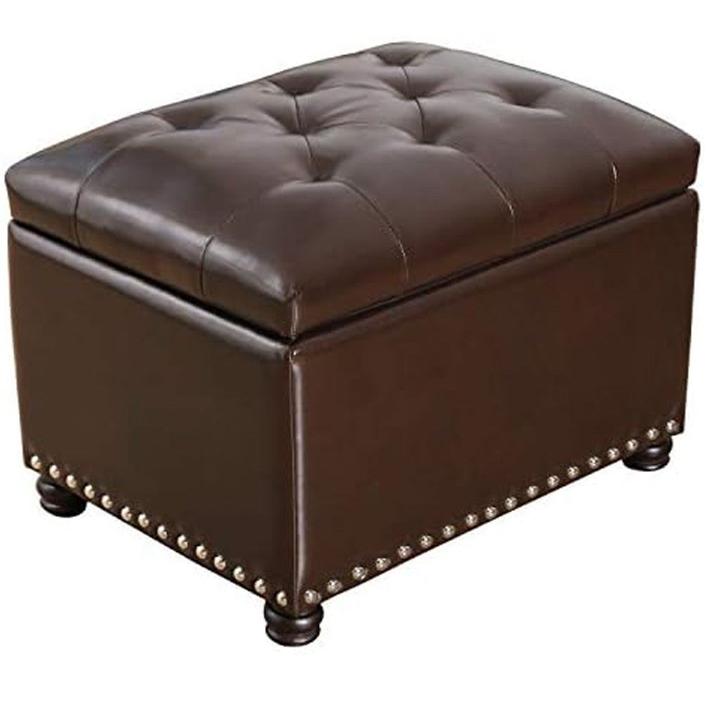 Pouf Contenitore Poggiapiedi in Ecopelle Marrone Sgabello con Scomparto Interno