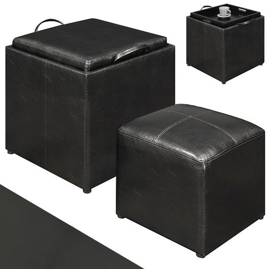 Set 2 Pouf Poggiapiedi in Ecopelle Nero Coperchio 2 in 1 Sgabello con Scomparto