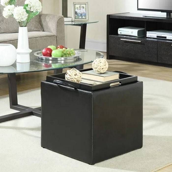 Set 2 Pouf Poggiapiedi in Ecopelle Nero Coperchio 2 in 1 Sgabello con Scomparto