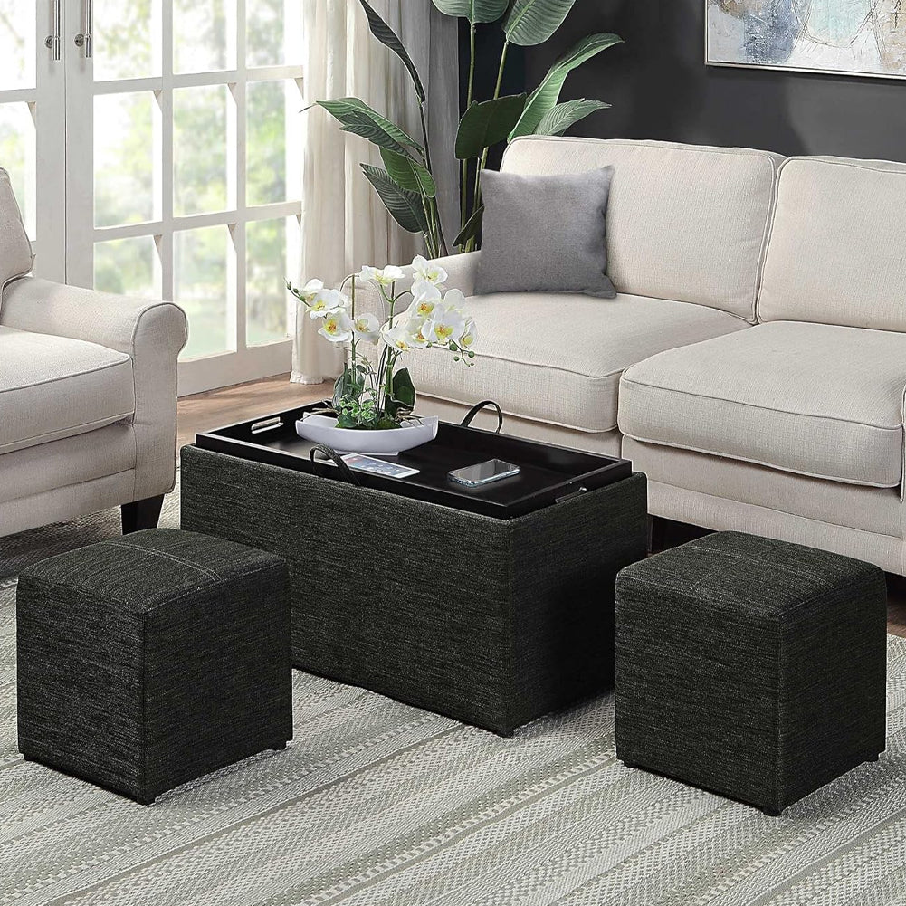 Set 2 Pouf e Cassapanca in Tessuto Grigio Coperchio 2in1 e Scomparto Contenitore