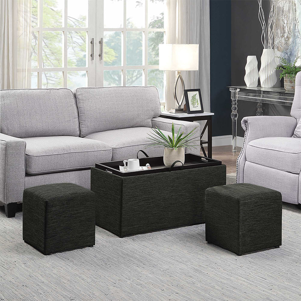 Set 2 Pouf e Cassapanca in Tessuto Grigio Coperchio 2in1 e Scomparto Contenitore