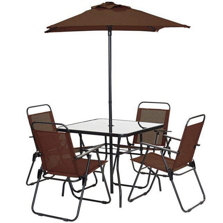 Set Pranzo 6 Pezzi per Giardino Patio con Ombrellone 4 Sedie Pieghevoli Marrone