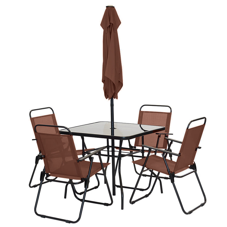 Set Pranzo 6 Pezzi per Giardino Patio con Ombrellone 4 Sedie Pieghevoli Marrone