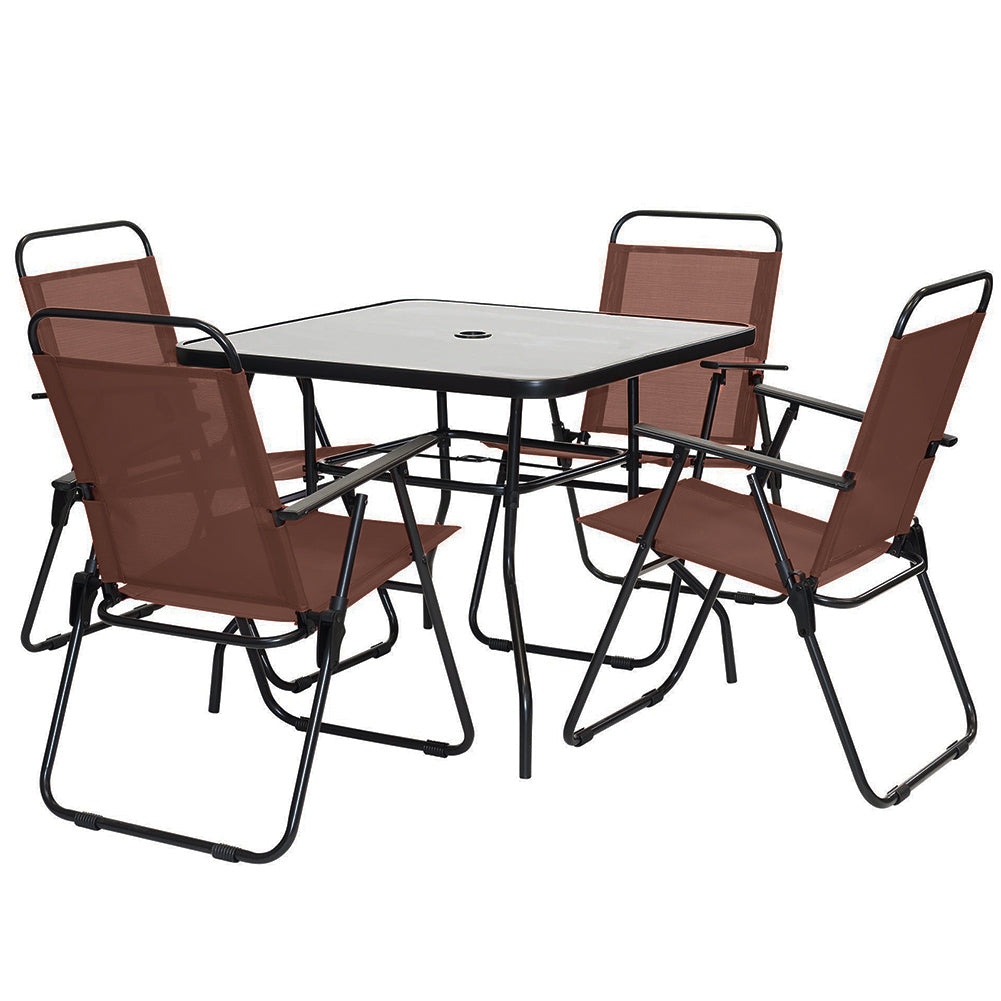 Set Pranzo 6 Pezzi per Giardino Patio con Ombrellone 4 Sedie Pieghevoli Marrone