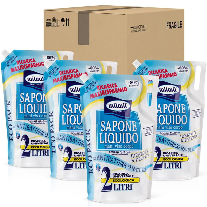 4 x Mil Mil Sapone Liquido Mani Viso Corpo Idratante Neutro Eco Ricarica 2 Lt