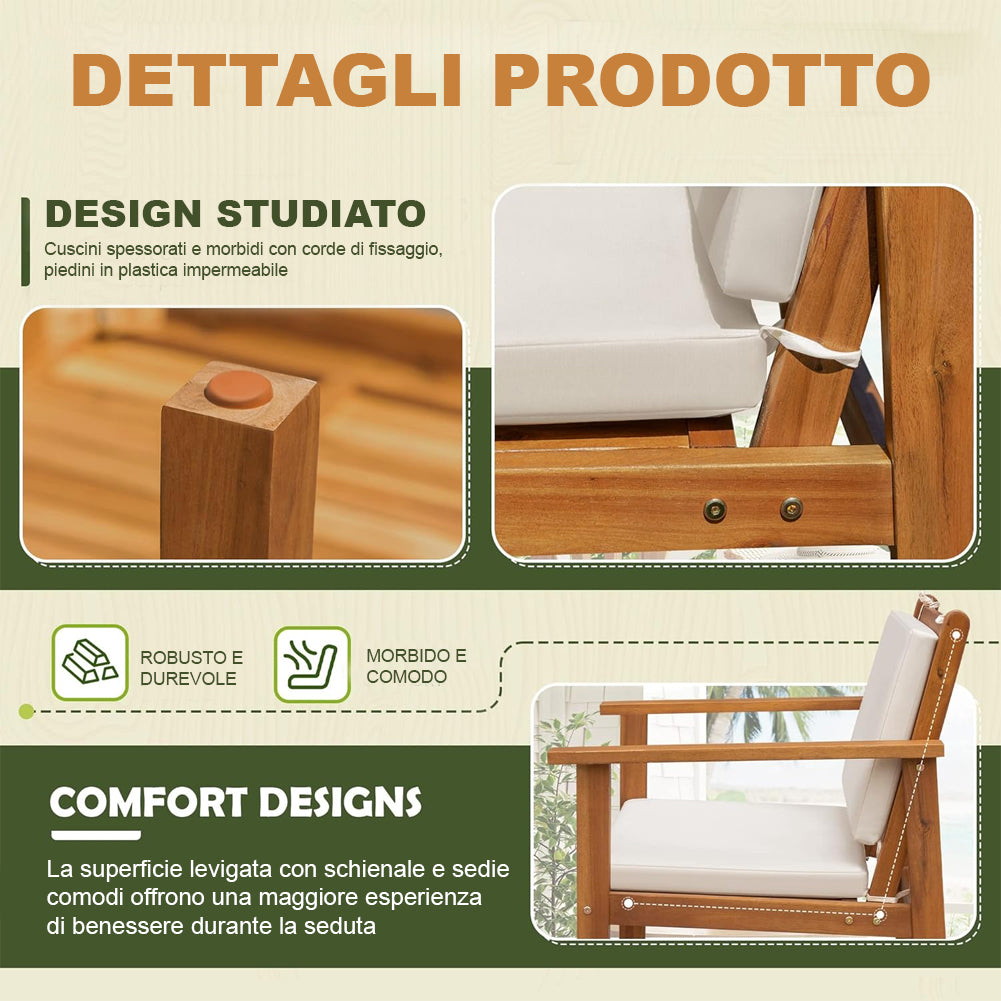 Set Patio 4 Mobili da Giardino Portico in Legno di Acacia Tavolino Basso e Sedie