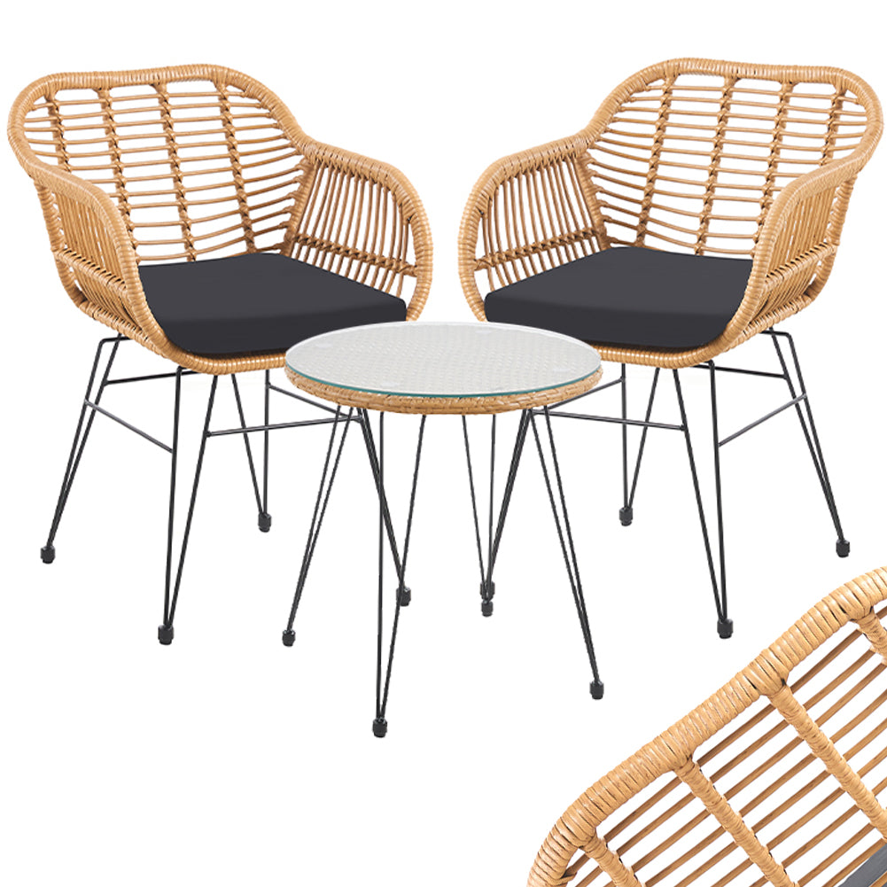 Set Arredo Giardino in Rattan con Tavolino Ripiano in Vetro e 2 Sedie da Esterno