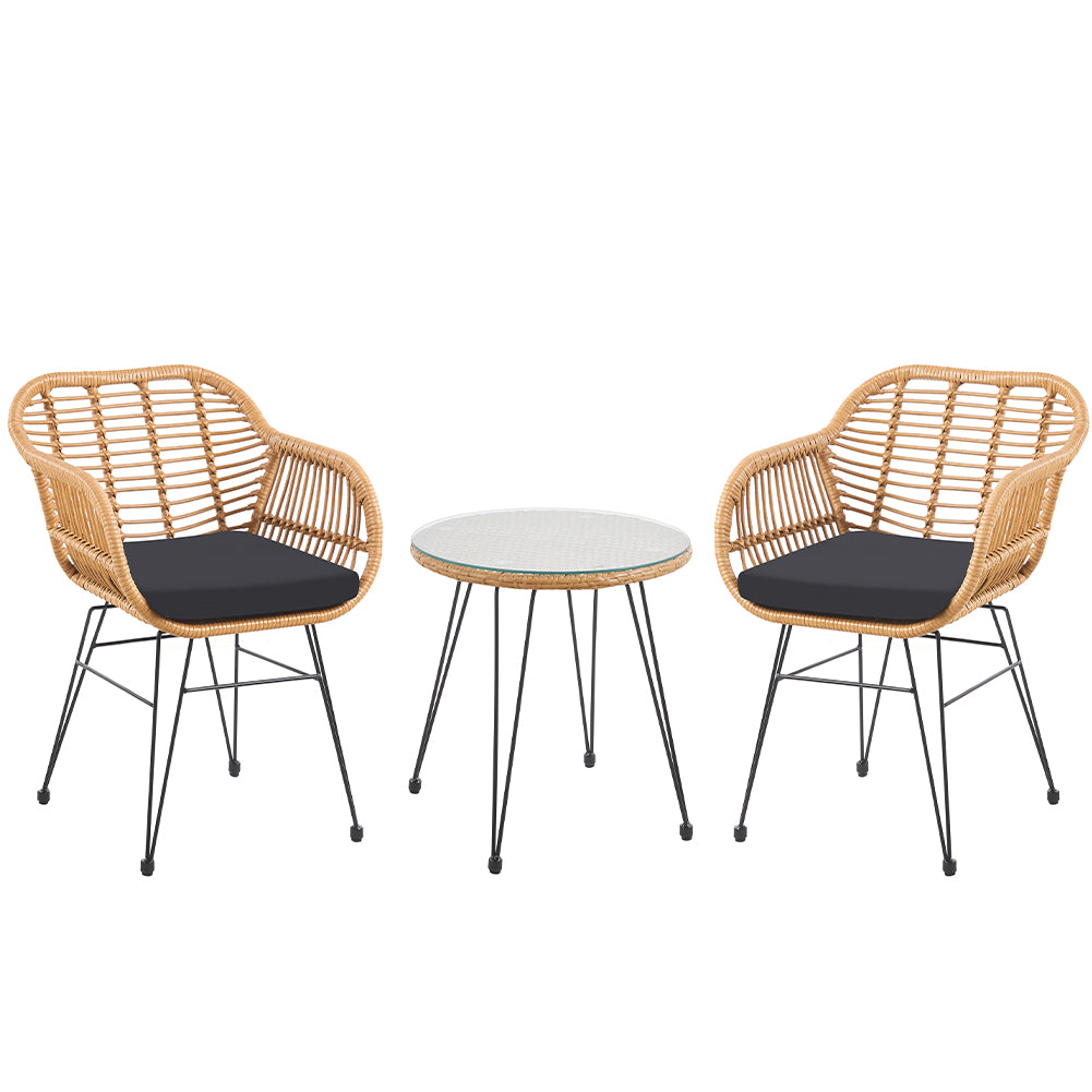 Set Arredo Giardino in Rattan con Tavolino Ripiano in Vetro e 2 Sedie da Esterno