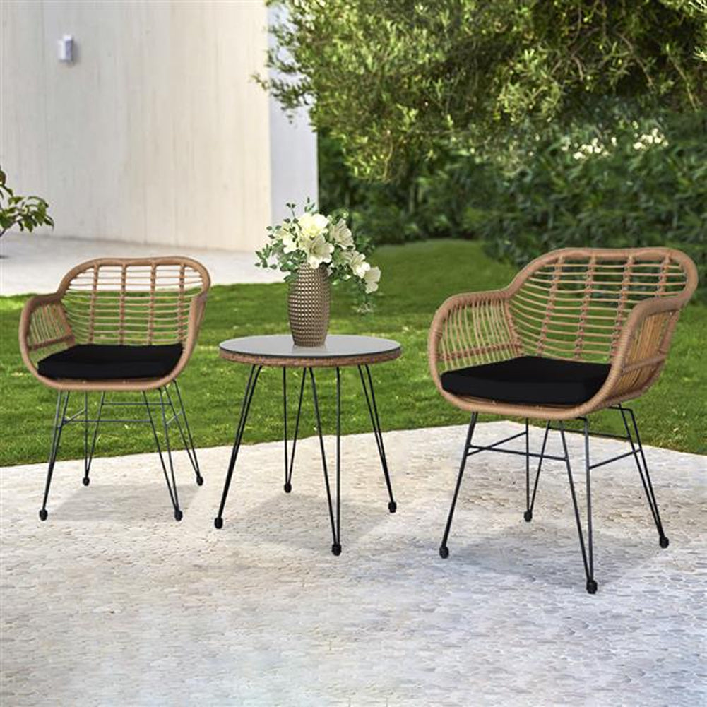 Set Arredo Giardino in Rattan con Tavolino Ripiano in Vetro e 2 Sedie da Esterno