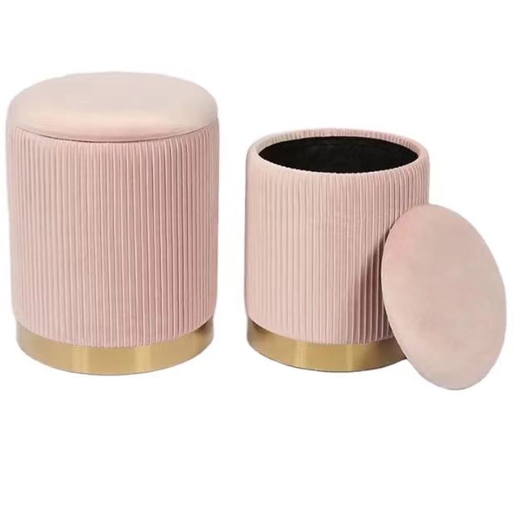 Set 2 Pouf Contenitore Rosa Velluto Sgabello Poggiapiedi Rotondo Portata 120kg