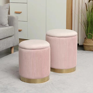 Set 2 Pouf Contenitore Rosa Velluto Sgabello Poggiapiedi Rotondo Portata 120kg