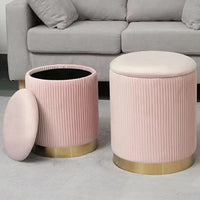 Set 2 Pouf Contenitore Rosa Velluto Sgabello Poggiapiedi Rotondo Portata 120kg