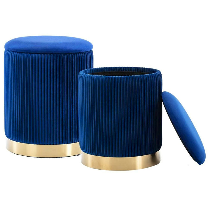 Set 2 Pouf Contenitore Blu Velluto Sgabello Poggiapiedi Rotondo Portata 120kg