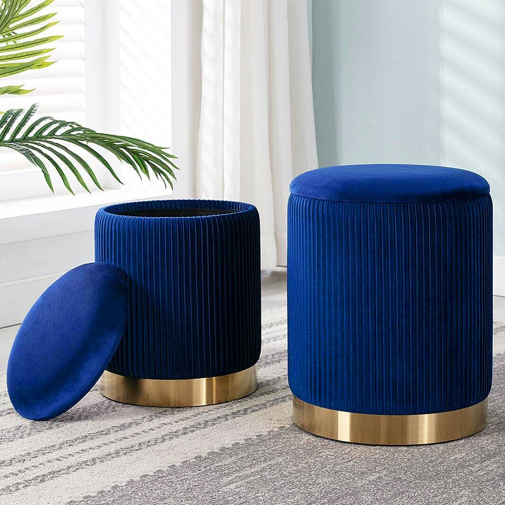 Set 2 Pouf Contenitore Blu Velluto Sgabello Poggiapiedi Rotondo Portata 120kg